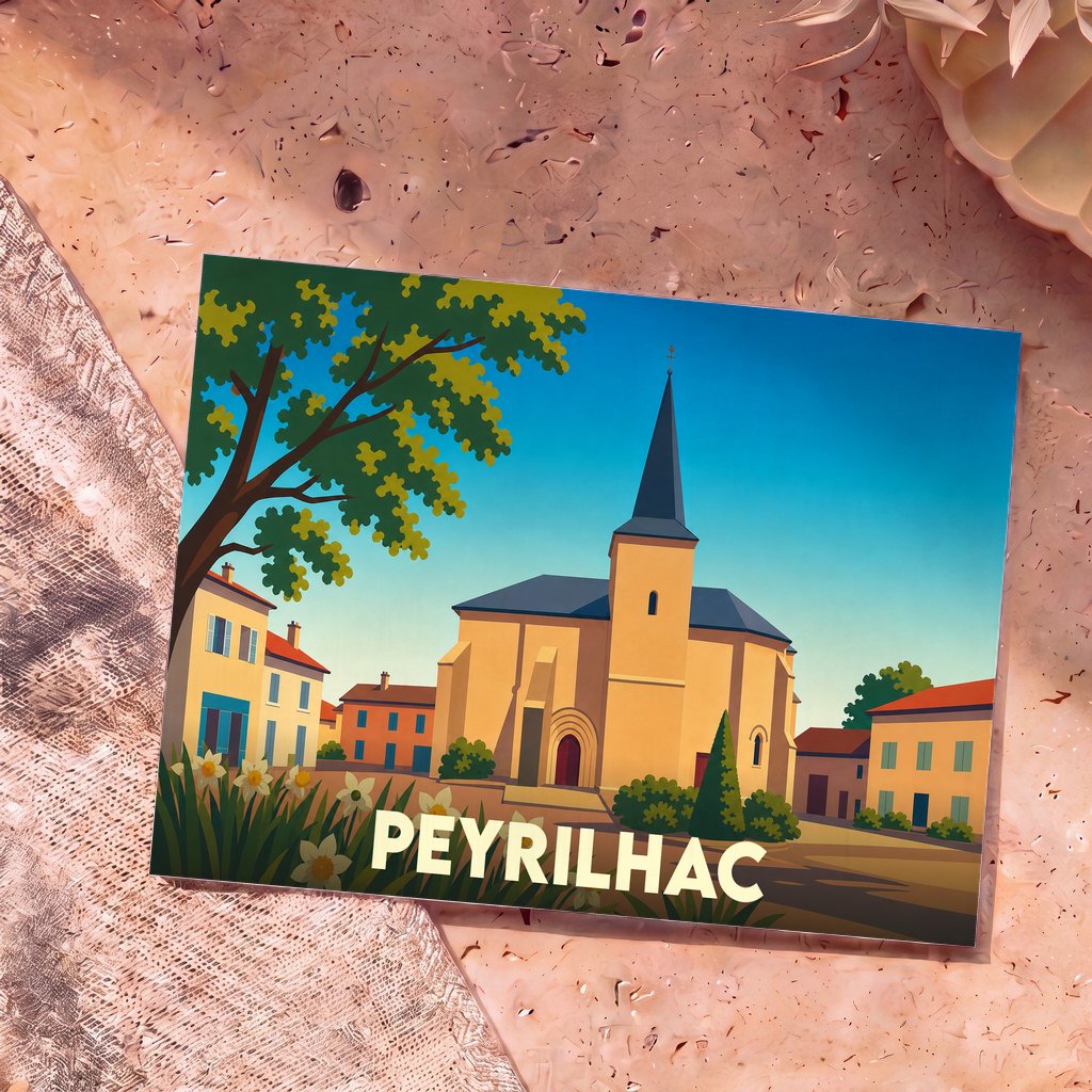 Carte postale souvenir de la ville de Peyrilhac avec une illustration stylisée de son église et de son village.