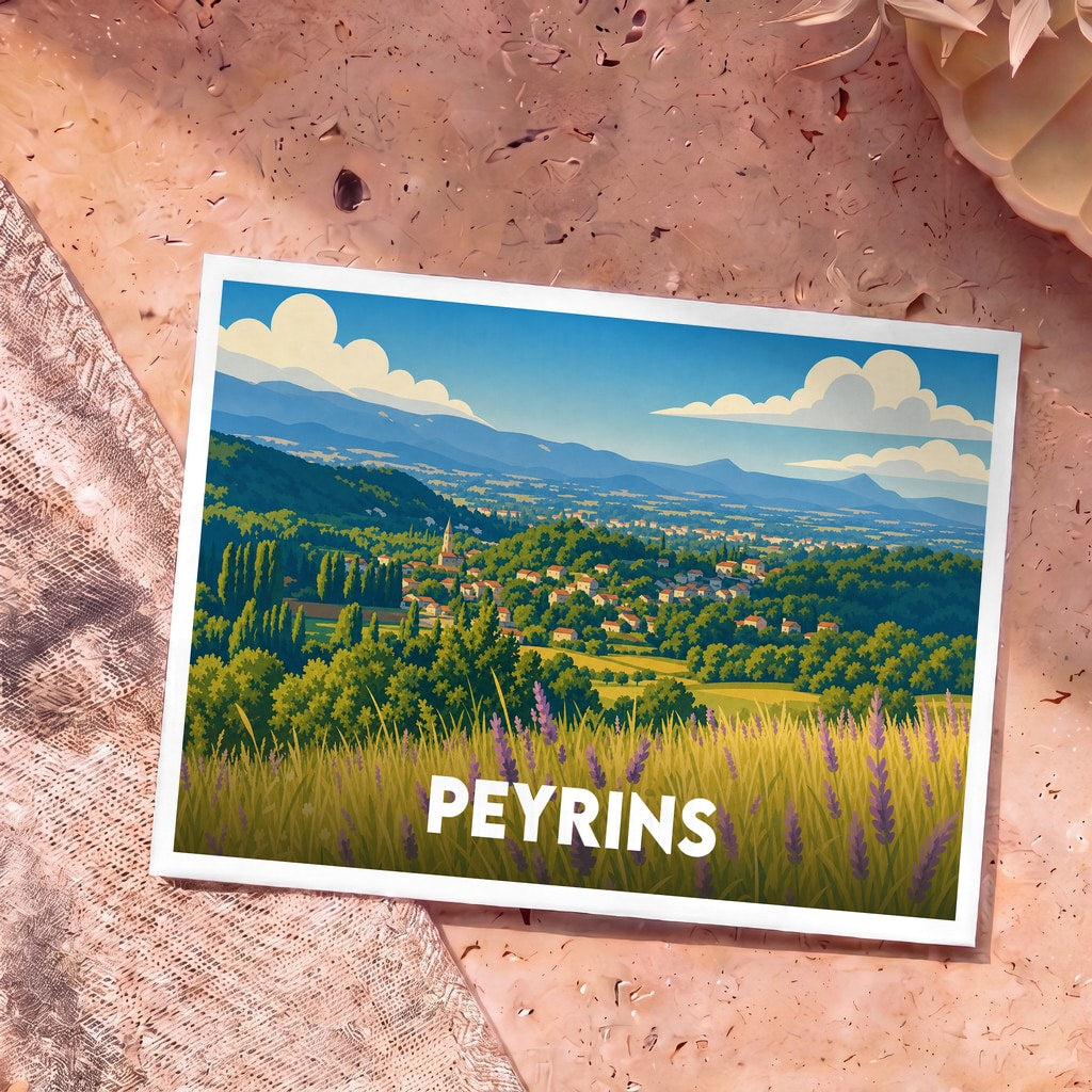 Carte postale souvenir de la ville de Peyrins avec une illustration stylisée d'un paysage vallonné.