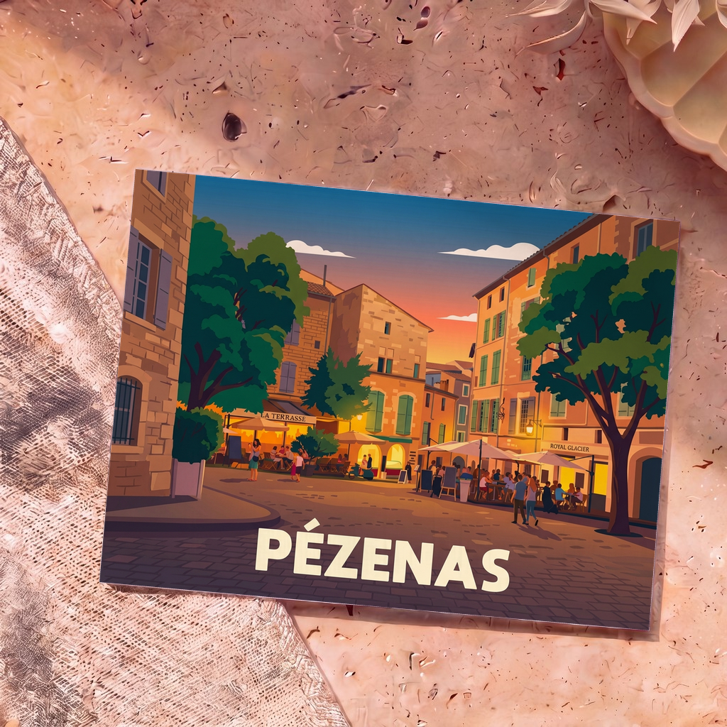 Carte postale souvenir de la ville de Pézenas illustrant une place animée au coucher du soleil dans un style graphique épuré.