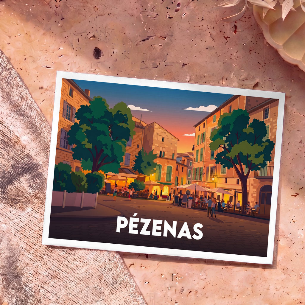 Carte postale souvenir de la ville de Pézenas illustrant une place animée au coucher du soleil dans un style graphique épuré.