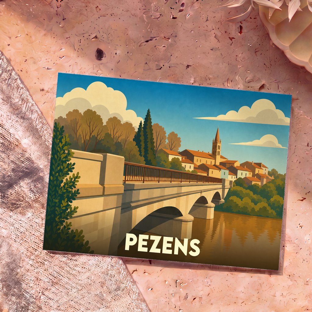 Carte postale souvenir de la ville de Pezens avec une illustration stylisée d'un pont et de son église.