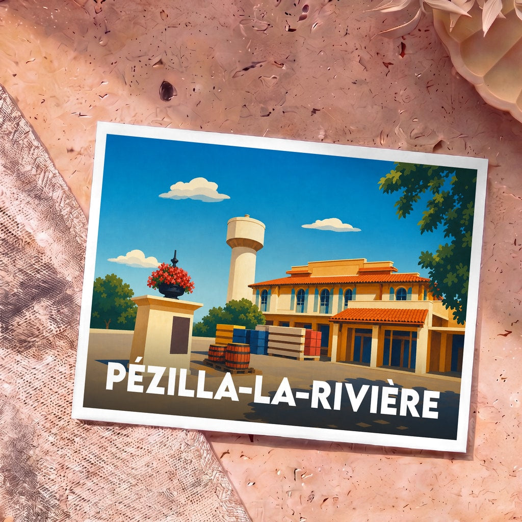 Carte postale souvenir de la ville de Pézilla-la-Rivière avec une illustration stylisée.