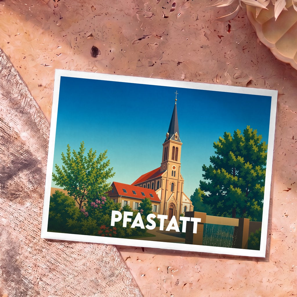 Carte postale souvenir de la ville de Pfastatt illustrant son église avec un style graphique épuré.