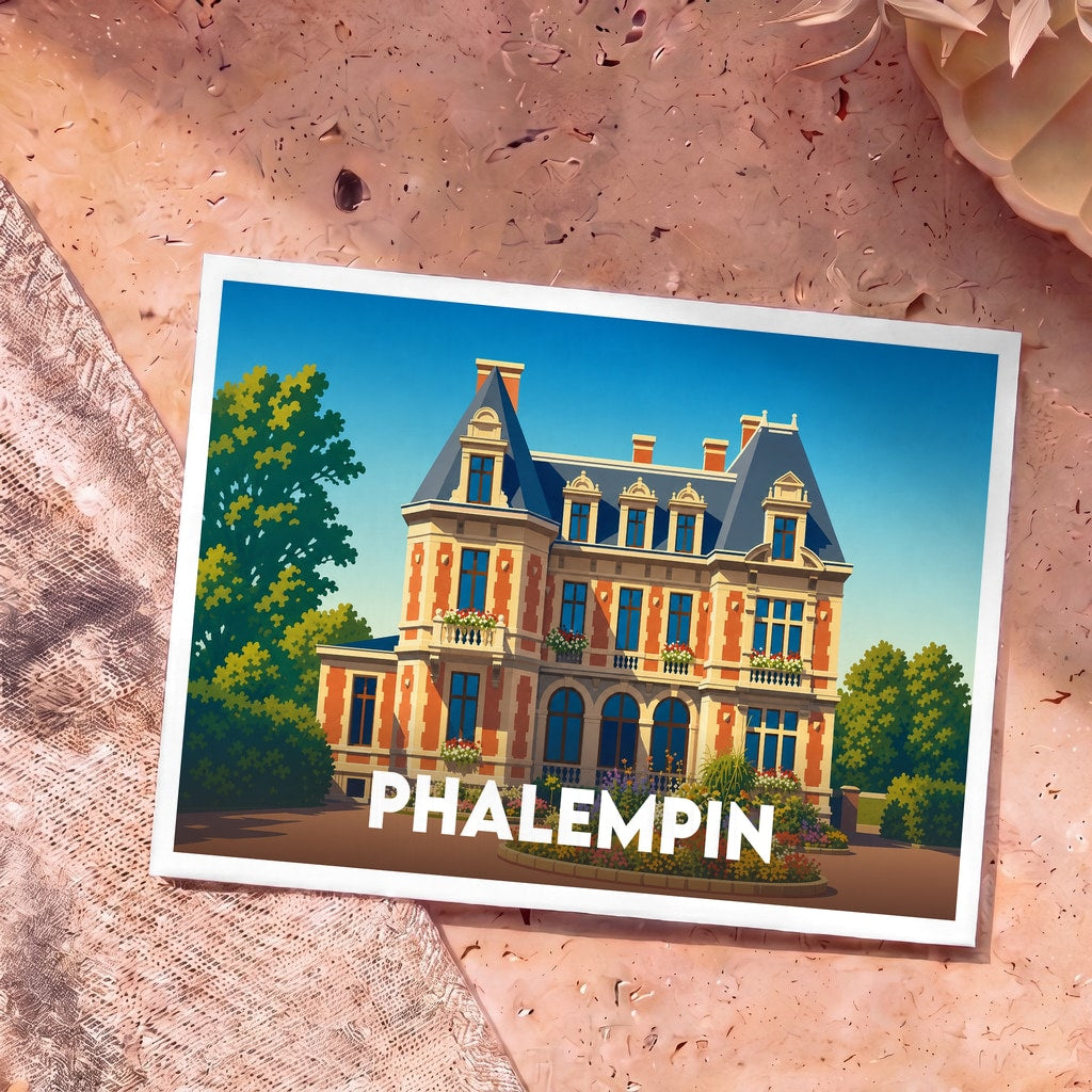 Carte postale souvenir de la ville de Phalempin représentant une demeure bourgeoise illustrée dans un style rétro.