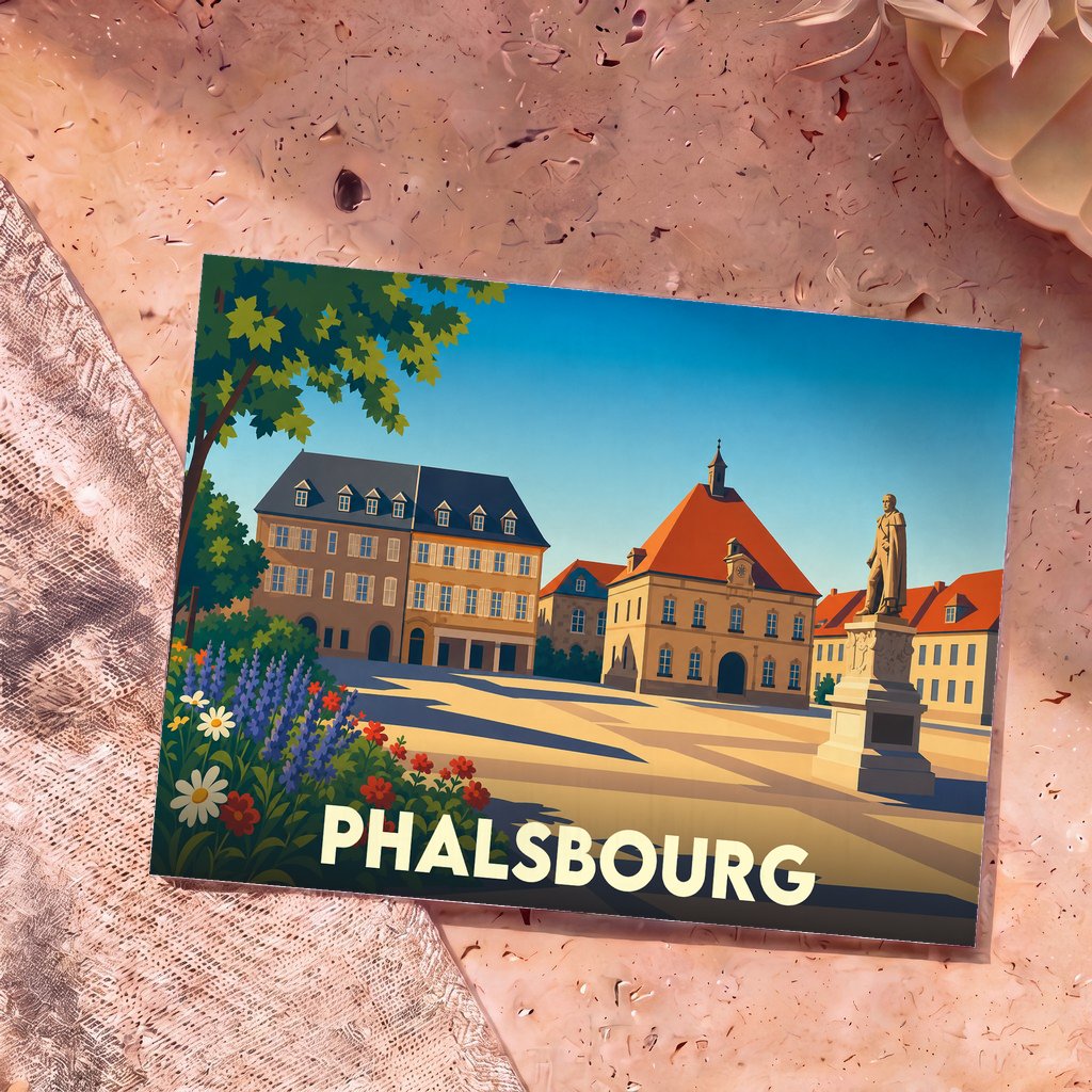 Carte postale souvenir de la ville de Phalsbourg avec une illustration stylisée de sa place principale.