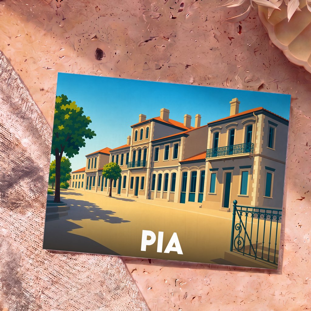 Carte postale souvenir de la ville de Pia avec une illustration stylisée de bâtiments historiques sous un ciel bleu.