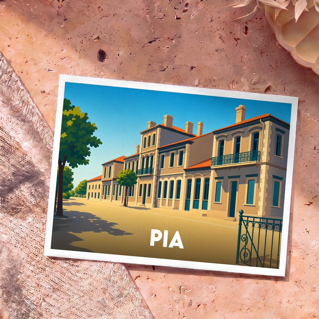Carte postale souvenir de la ville de Pia avec une illustration stylisée de bâtiments historiques sous un ciel bleu.
