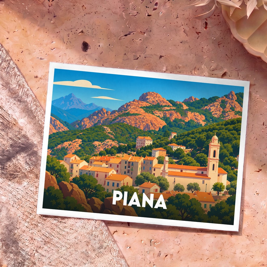 Carte postale souvenir de la ville de Piana présentant une illustration stylisée de son village et de ses montagnes.