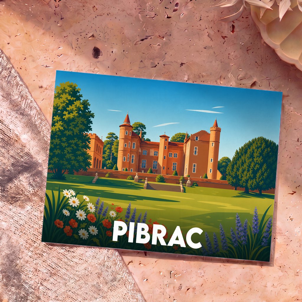 Carte postale souvenir de la ville de Pibrac avec une illustration stylisée de son château.