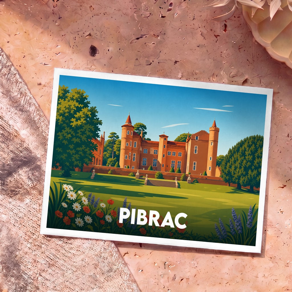 Carte postale souvenir de la ville de Pibrac avec une illustration stylisée de son château.