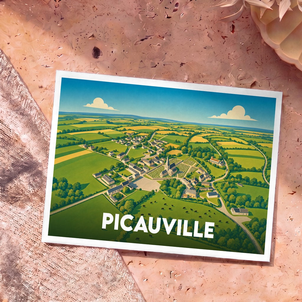 Carte postale souvenir de la ville de Picauville avec une illustration aérienne et colorée de la commune.