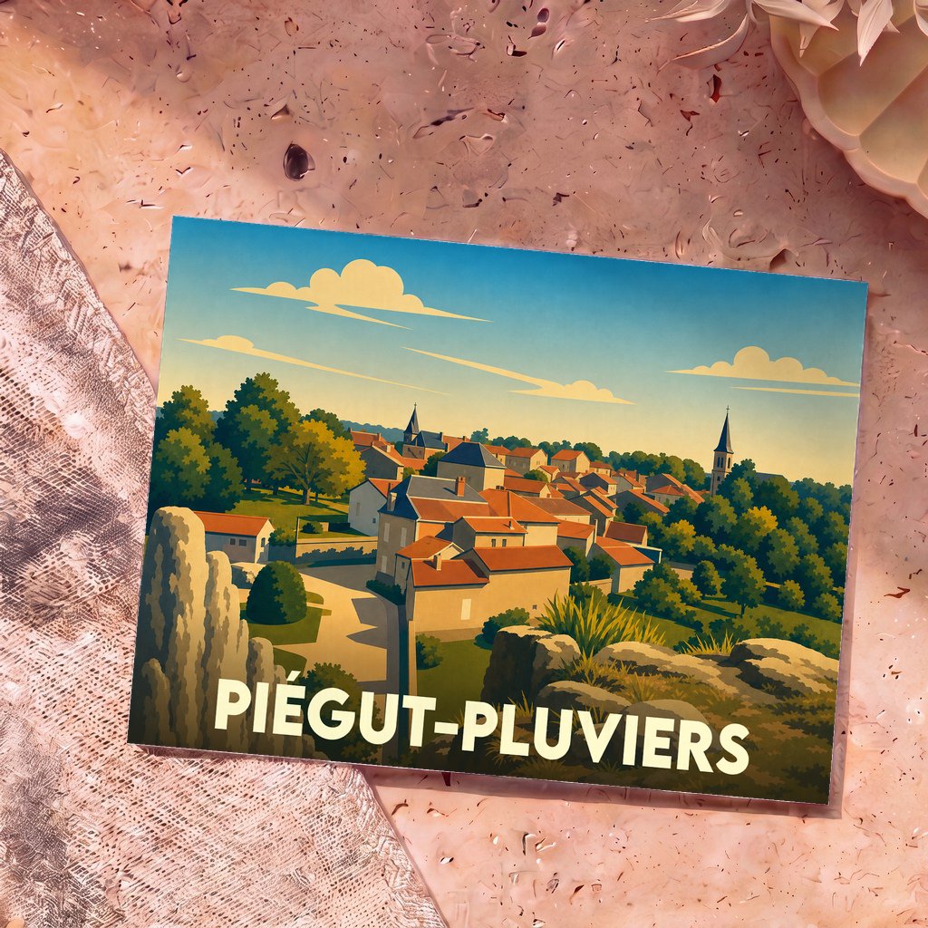 Carte postale souvenir de la ville de Piégut-Pluviers illustrée dans un style graphique rétro.