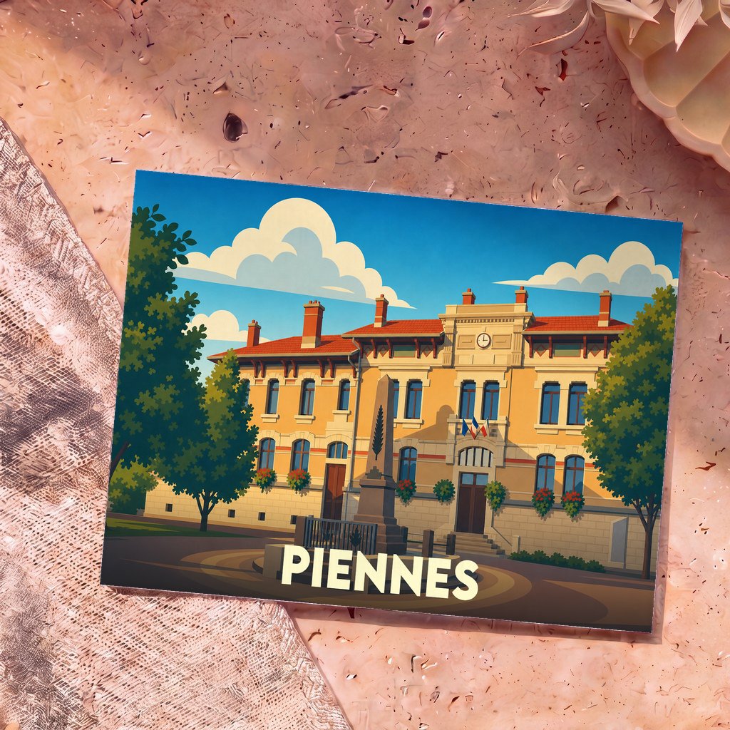 Carte postale souvenir de la ville de Piennes avec une illustration stylisée de son hôtel de ville.