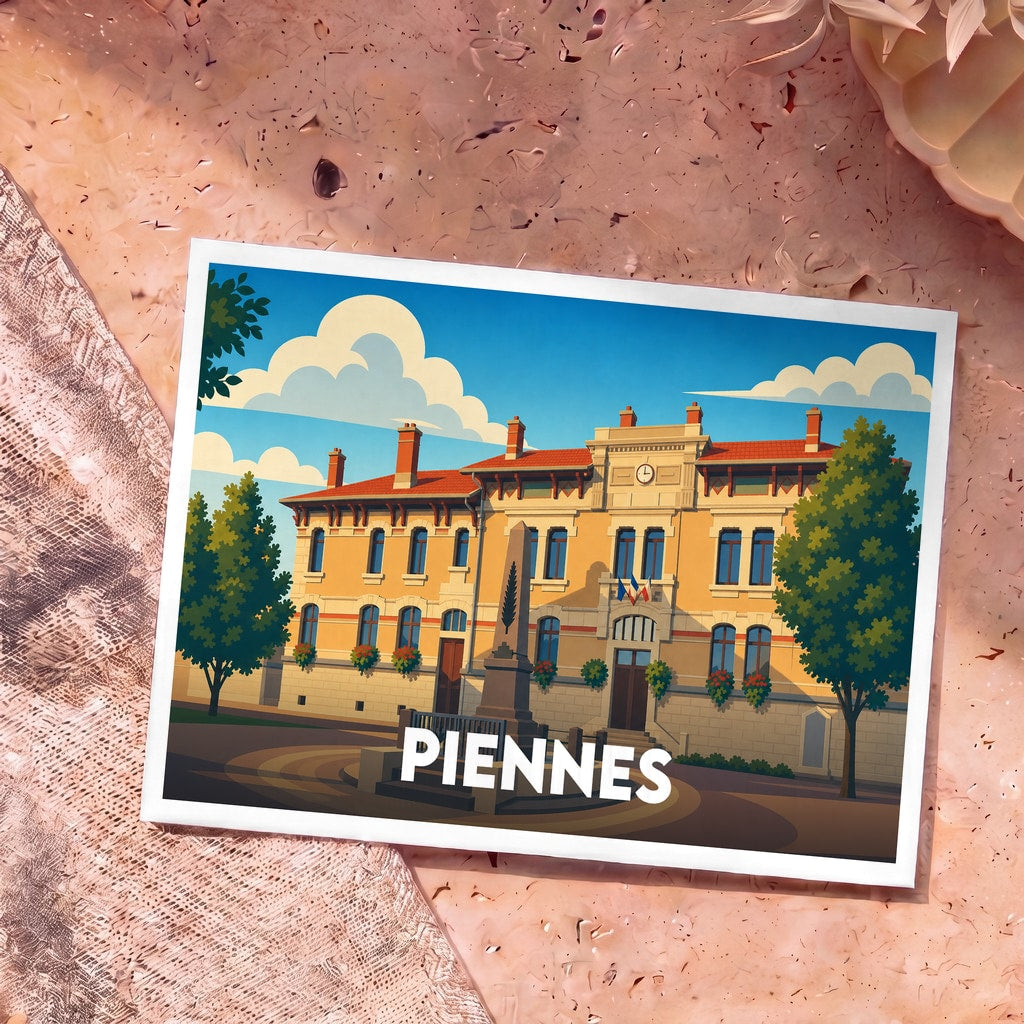 Carte postale souvenir de la ville de Piennes avec une illustration stylisée de son hôtel de ville.