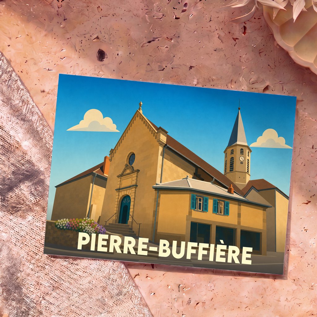 Carte postale souvenir de la ville de Pierre-Buffière avec une illustration stylisée de son église.