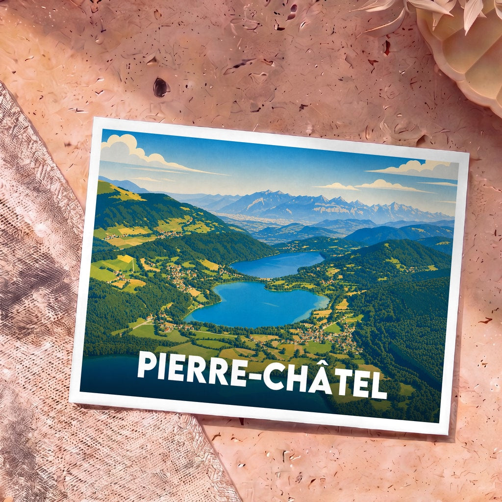 Carte postale souvenir de Pierre-Châtel illustrant ses lacs et montagnes dans un style vintage.