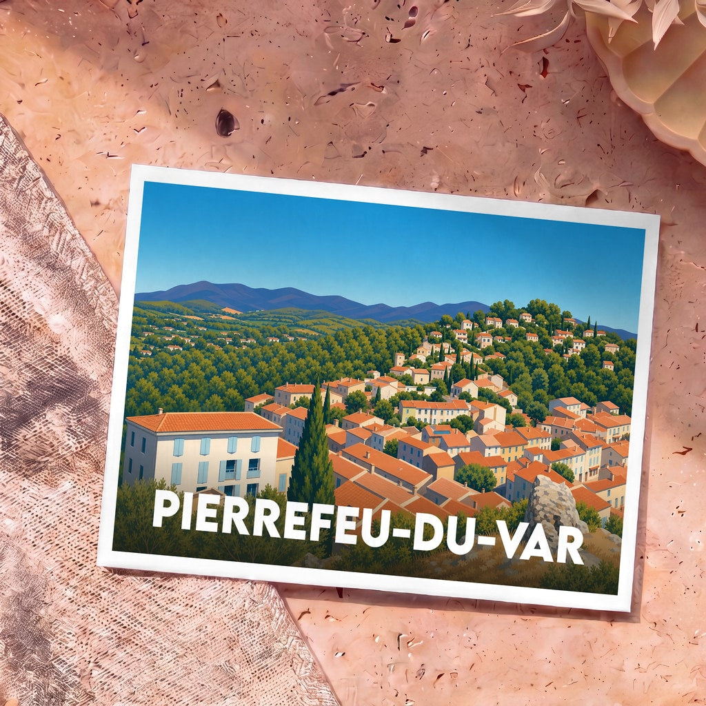 Carte postale souvenir de Pierrefeu-du-Var avec une illustration stylisée du village provençal et de ses collines.