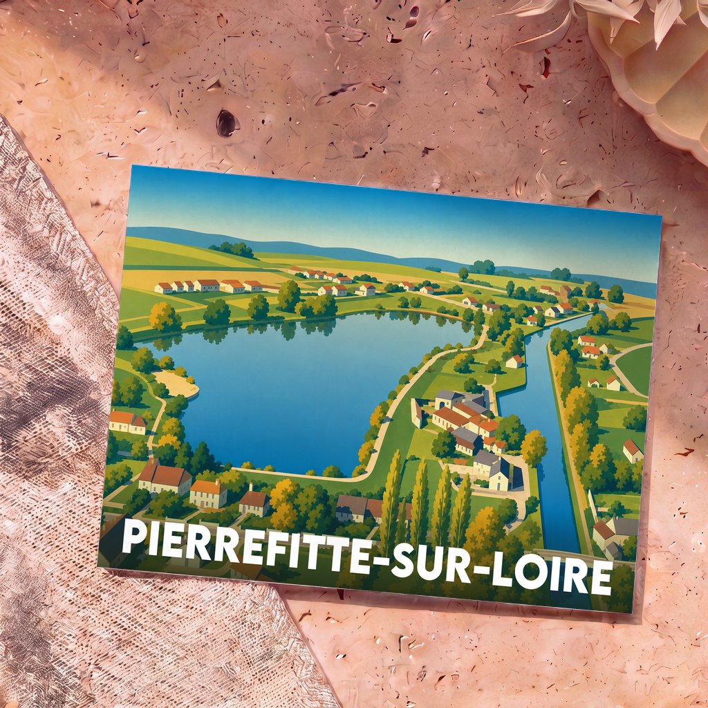 Carte postale souvenir de la ville de Pierrefitte-sur-Loire avec une illustration stylisée d'un paysage de bord de l'eau.
