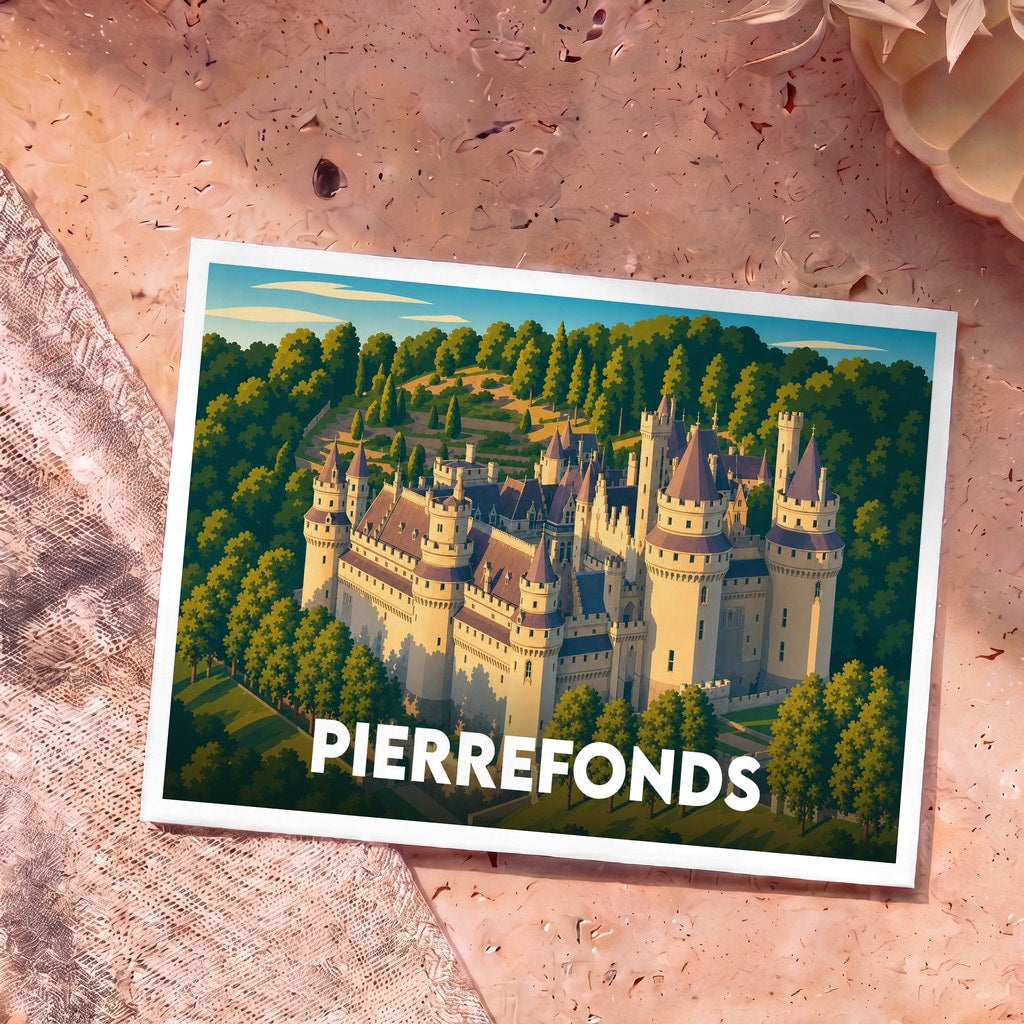 Carte postale souvenir de la ville de Pierrefonds avec une illustration stylisée de son château niché au cœur d'une forêt.