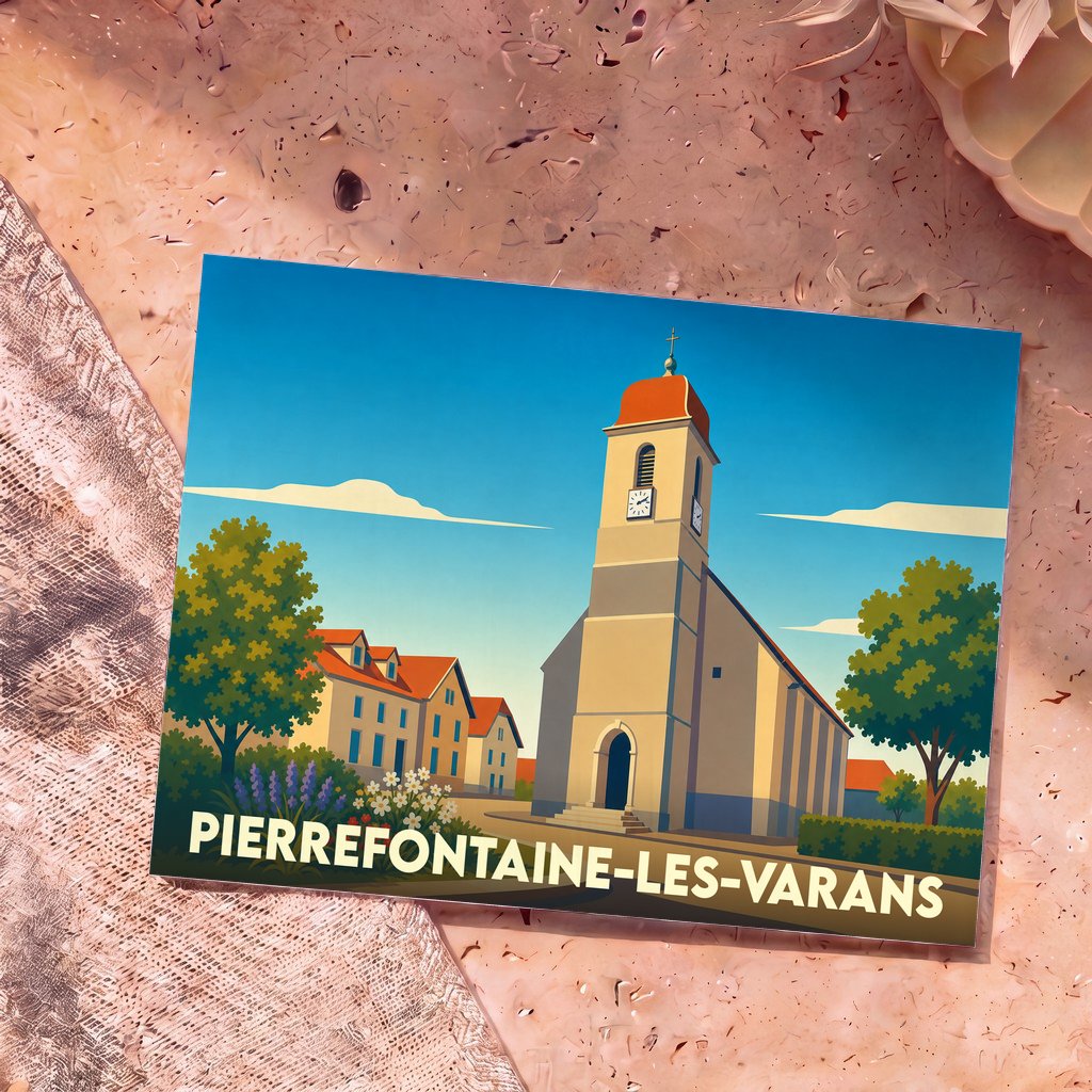 Carte postale souvenir de la ville de Pierrefontaine-les-Varans avec une illustration stylisée de son église.