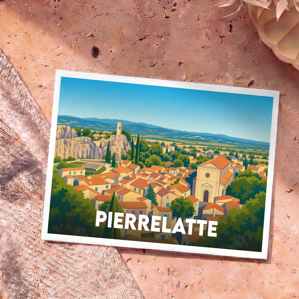Carte postale souvenir de la ville de Pierrelatte avec une illustration stylisée.