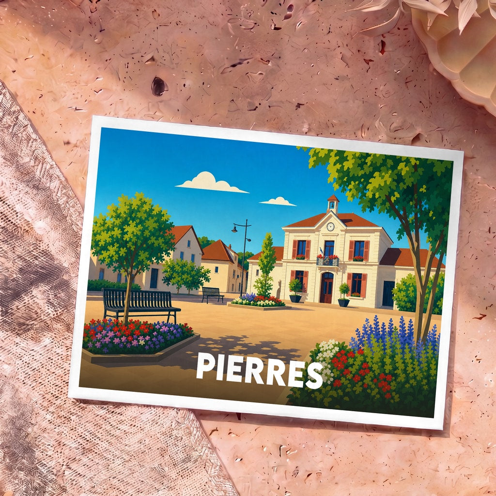 Carte postale souvenir de la ville de Pierres avec une illustration colorée et stylisée de sa place principale.