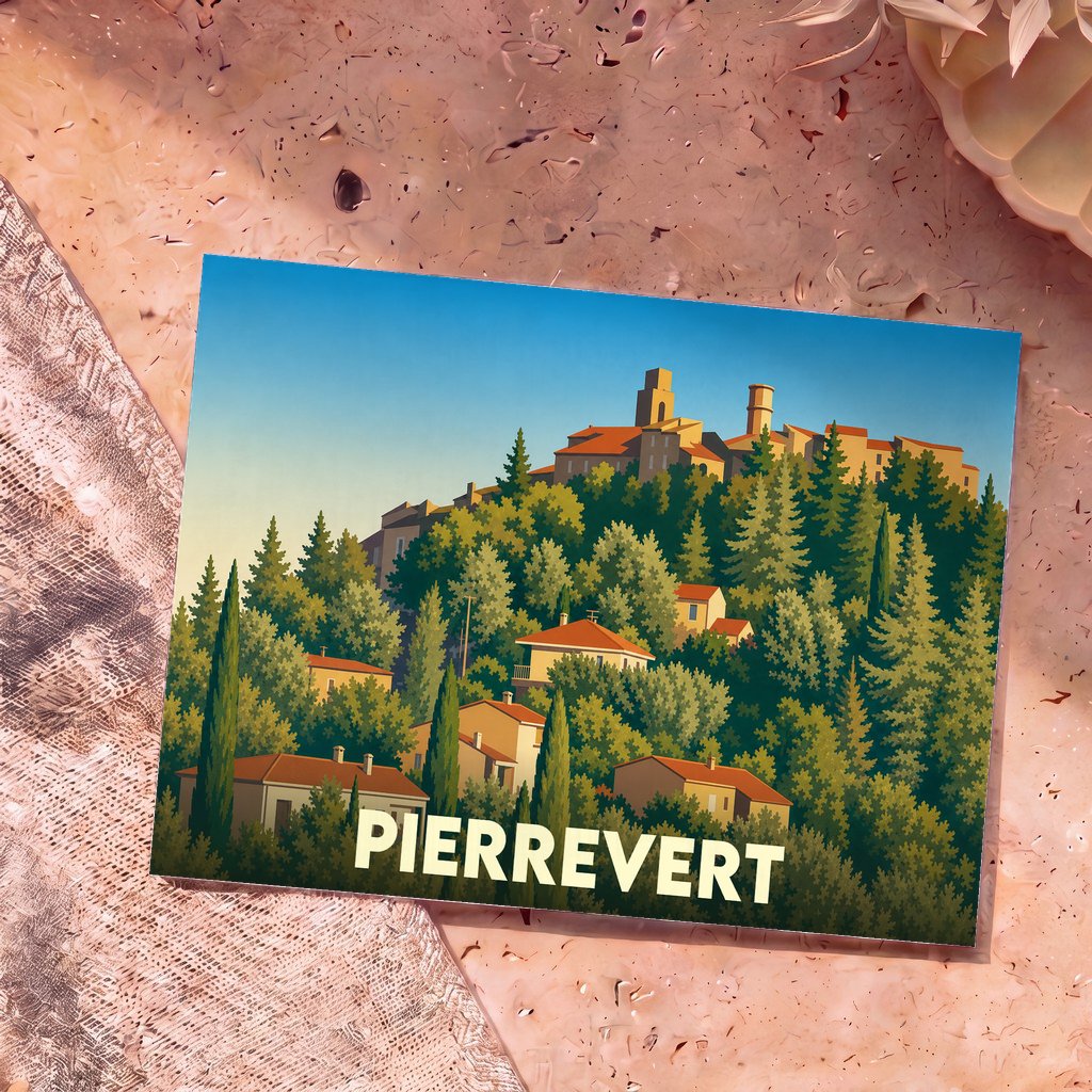 Carte postale souvenir de la ville de Pierrevert avec une illustration stylisée de son village perché dans la verdure.