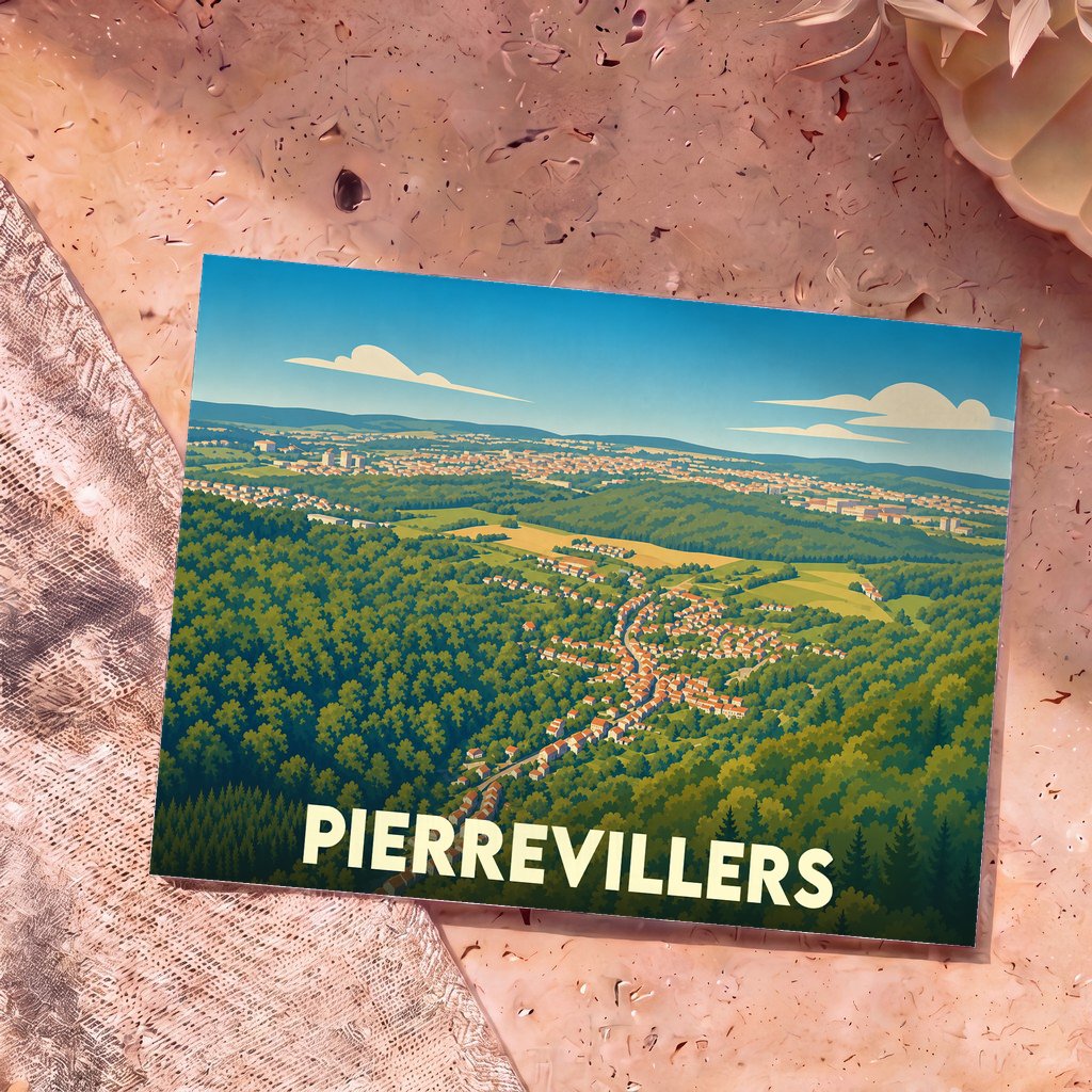 Carte postale souvenir de la ville de Pierrevillers présentant une vue aérienne illustrée et stylisée de la commune nichée dans la verdure.