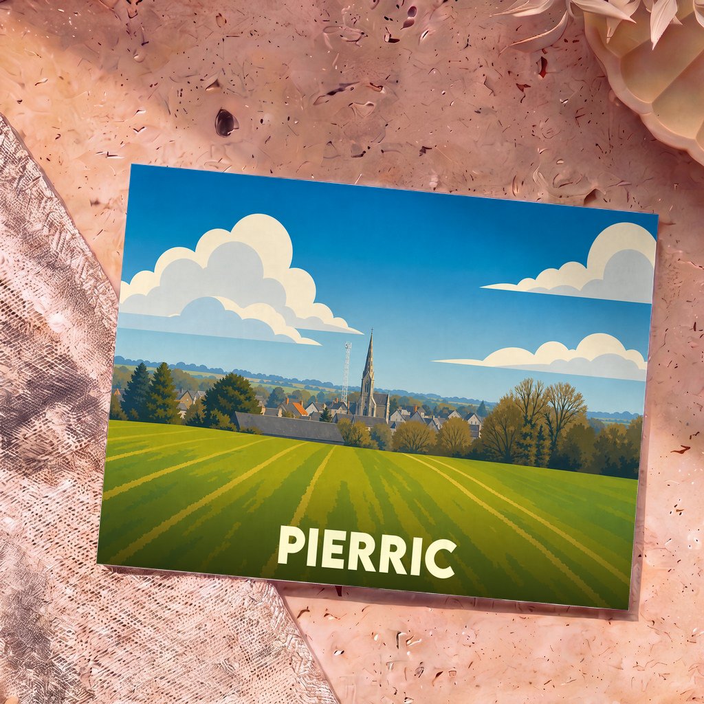 Carte postale souvenir de la ville de Pierric avec une illustration stylisée de son clocher et de sa campagne environnante.
