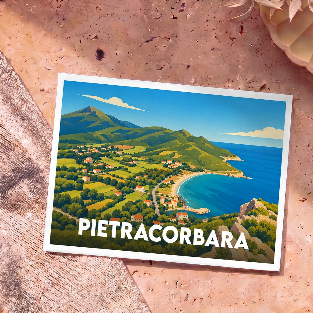 Carte postale souvenir de la ville de Pietracorbara avec une illustration stylisée d'un paysage côtier corse.