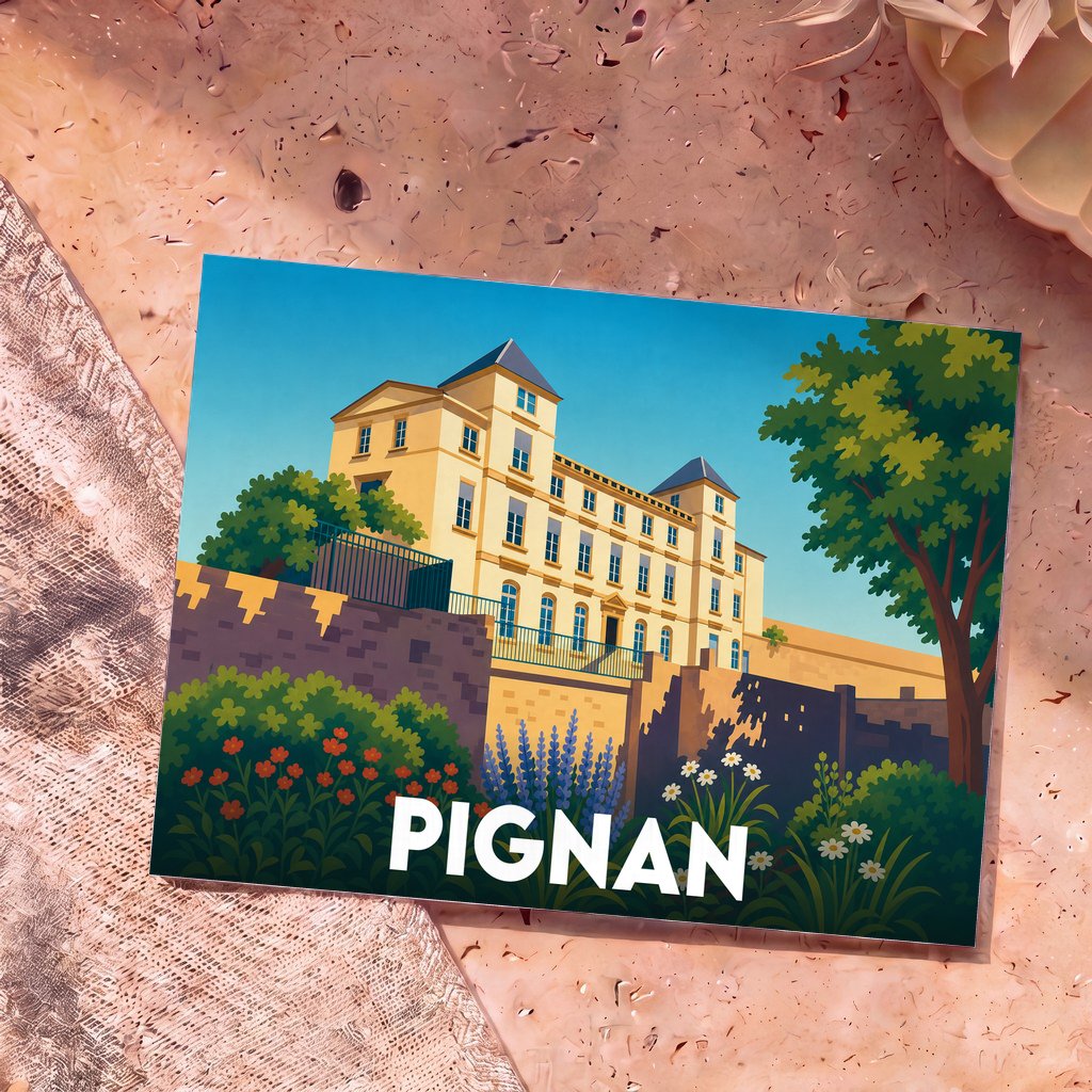 Carte postale souvenir de la ville de Pignan avec une illustration stylisée de son château.