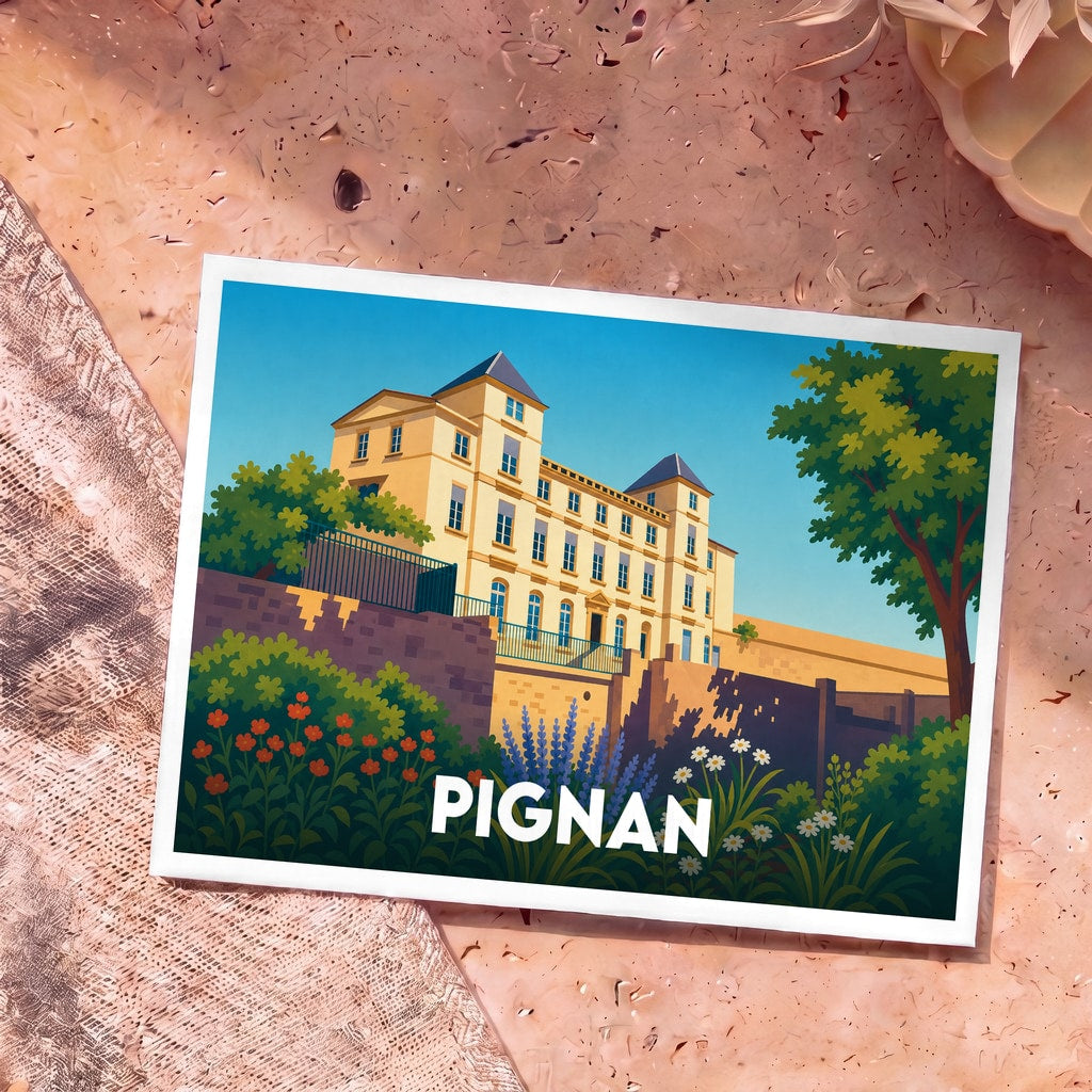 Carte postale souvenir de la ville de Pignan avec une illustration stylisée de son château.