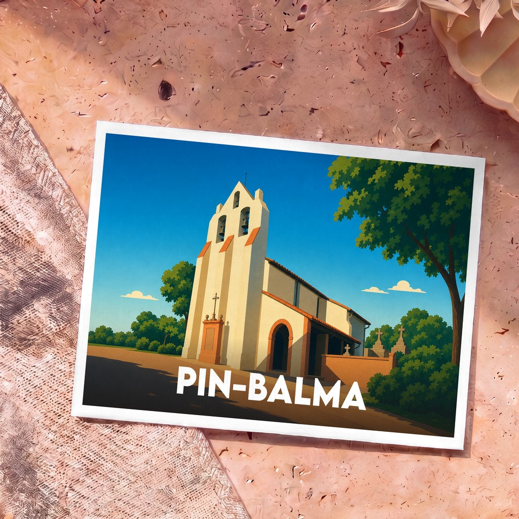 Carte postale souvenir de la ville de Pin-Balma avec une illustration stylisée de son église sous un ciel bleu.