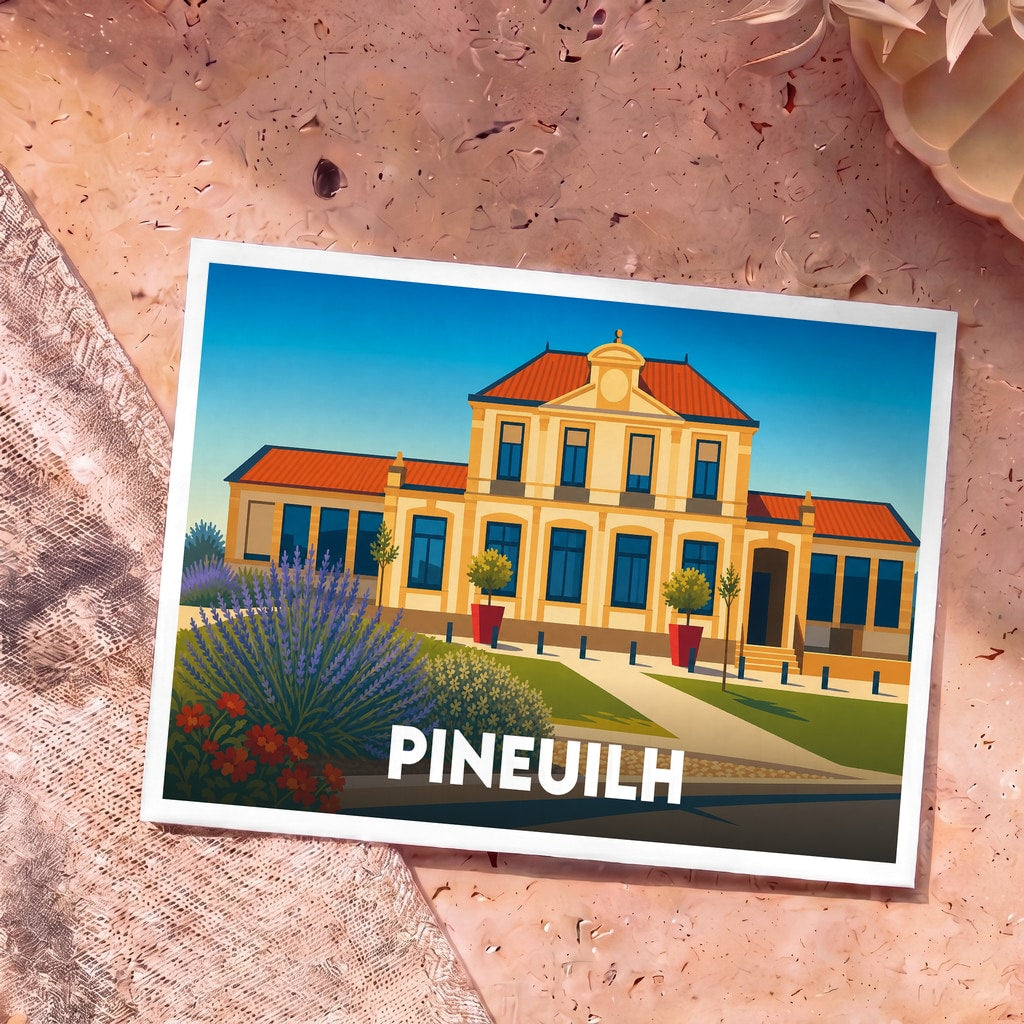 Carte postale souvenir de la ville de Pineuilh avec une illustration stylisée de sa mairie.