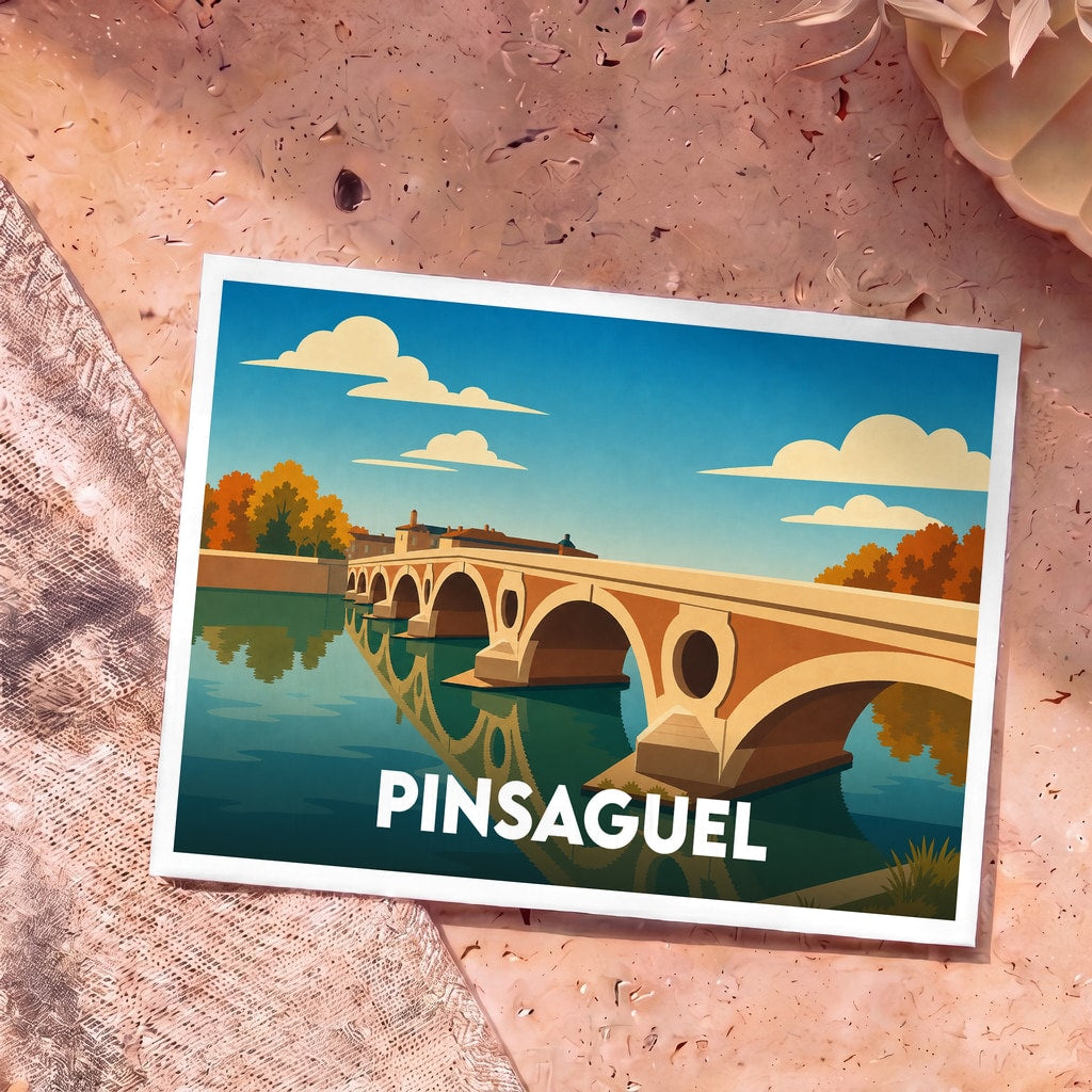 Carte postale souvenir de la ville de Pinsaguel présentant une illustration stylisée de son pont historique.
