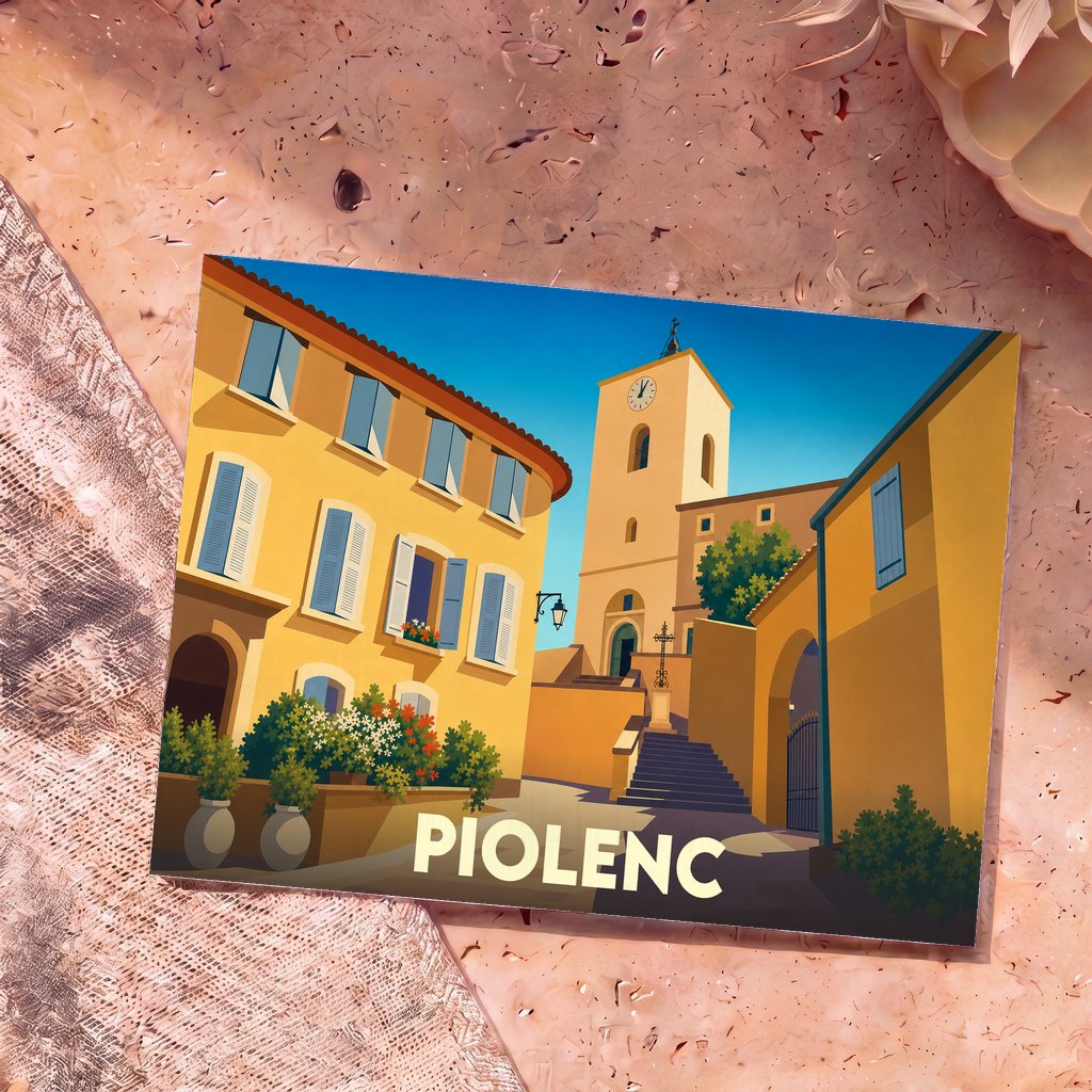 Carte postale souvenir de la ville de Piolenc avec une illustration stylisée d'une rue ensoleillée et de son clocher.