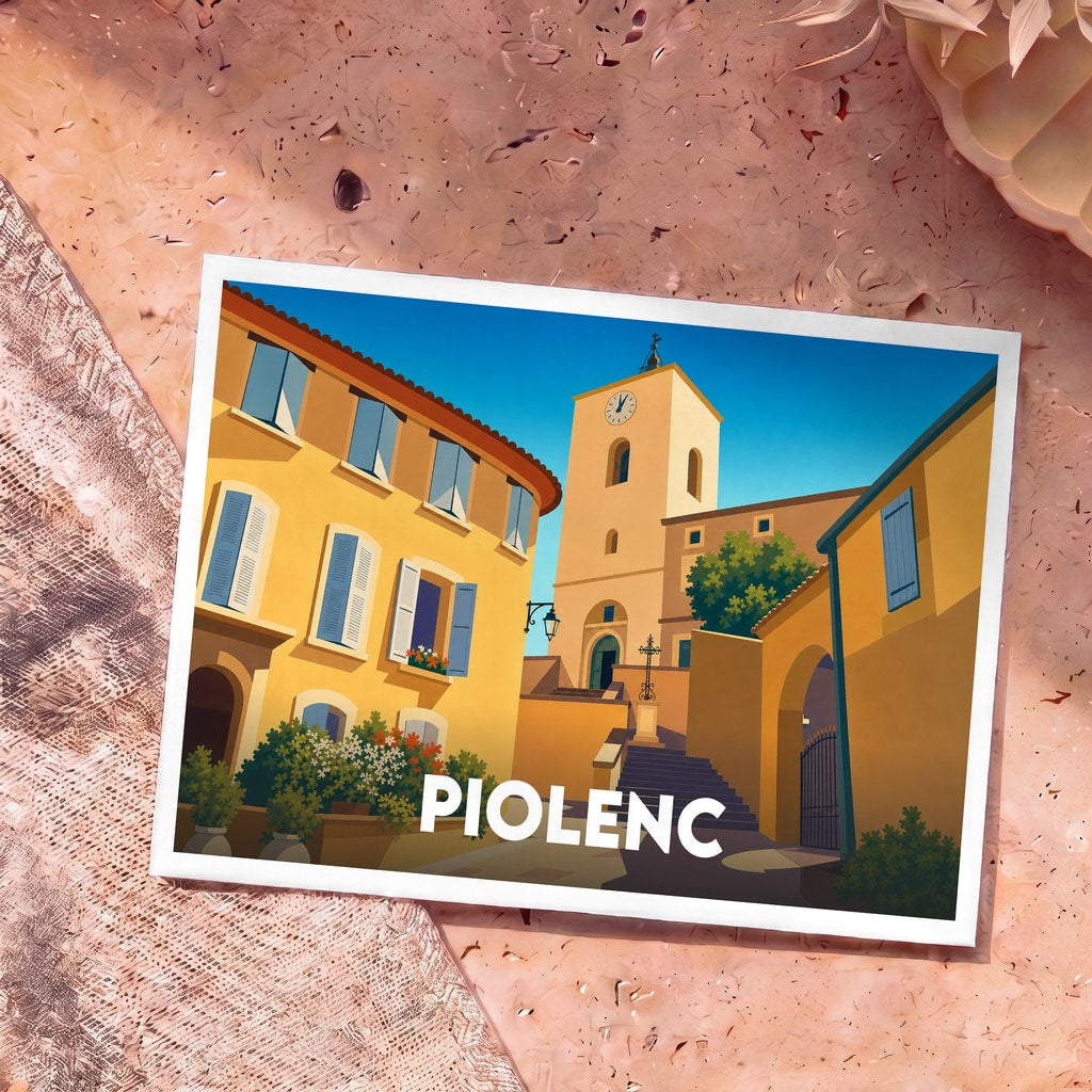Carte postale souvenir de la ville de Piolenc avec une illustration stylisée d'une rue ensoleillée et de son clocher.