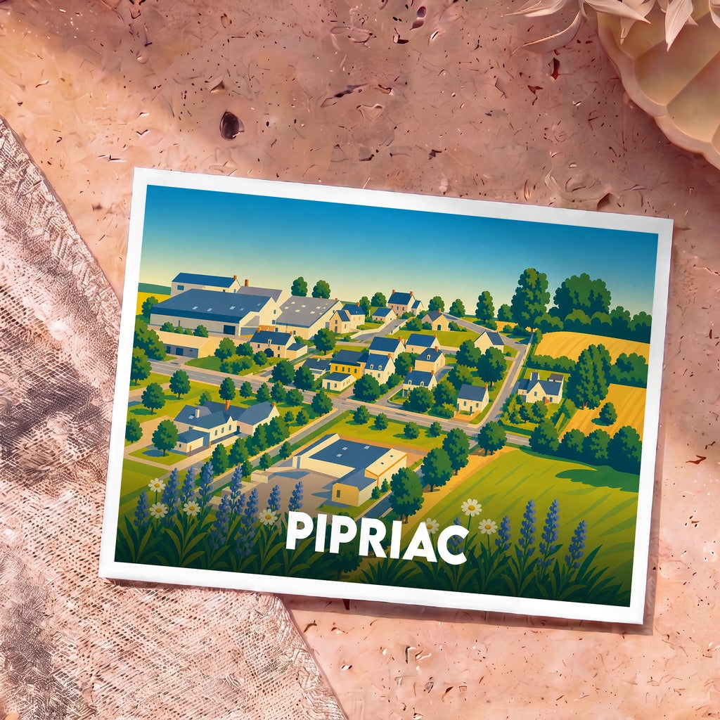 Carte postale souvenir de la ville de Pipriac avec une illustration stylisée et colorée de la commune.