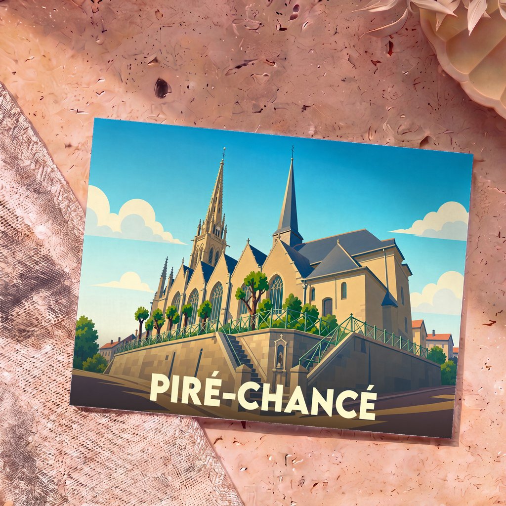 Carte postale souvenir de la ville de Piré-Chancé avec une illustration stylisée de son église.