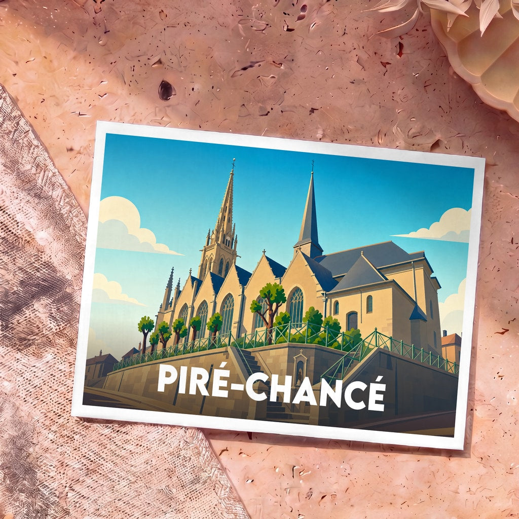 Carte postale souvenir de la ville de Piré-Chancé avec une illustration stylisée de son église.