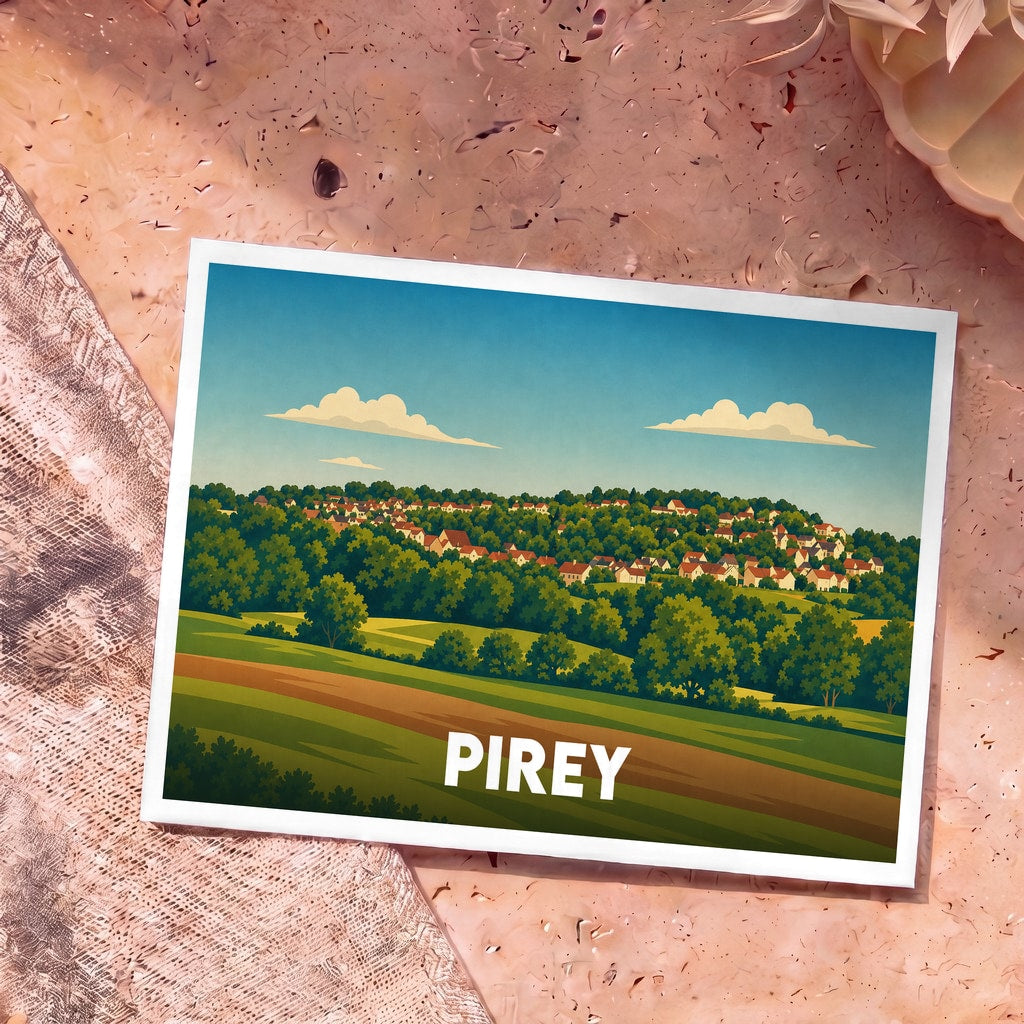 Carte postale souvenir de la ville de Pirey avec une illustration stylisée de son paysage vallonné.