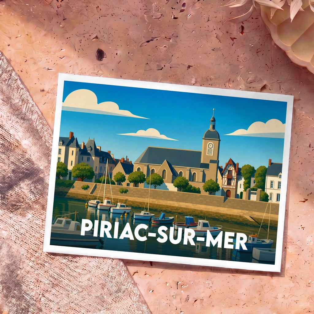 Carte postale souvenir de la ville de Piriac-sur-Mer avec une illustration stylisée de son port et de son église.