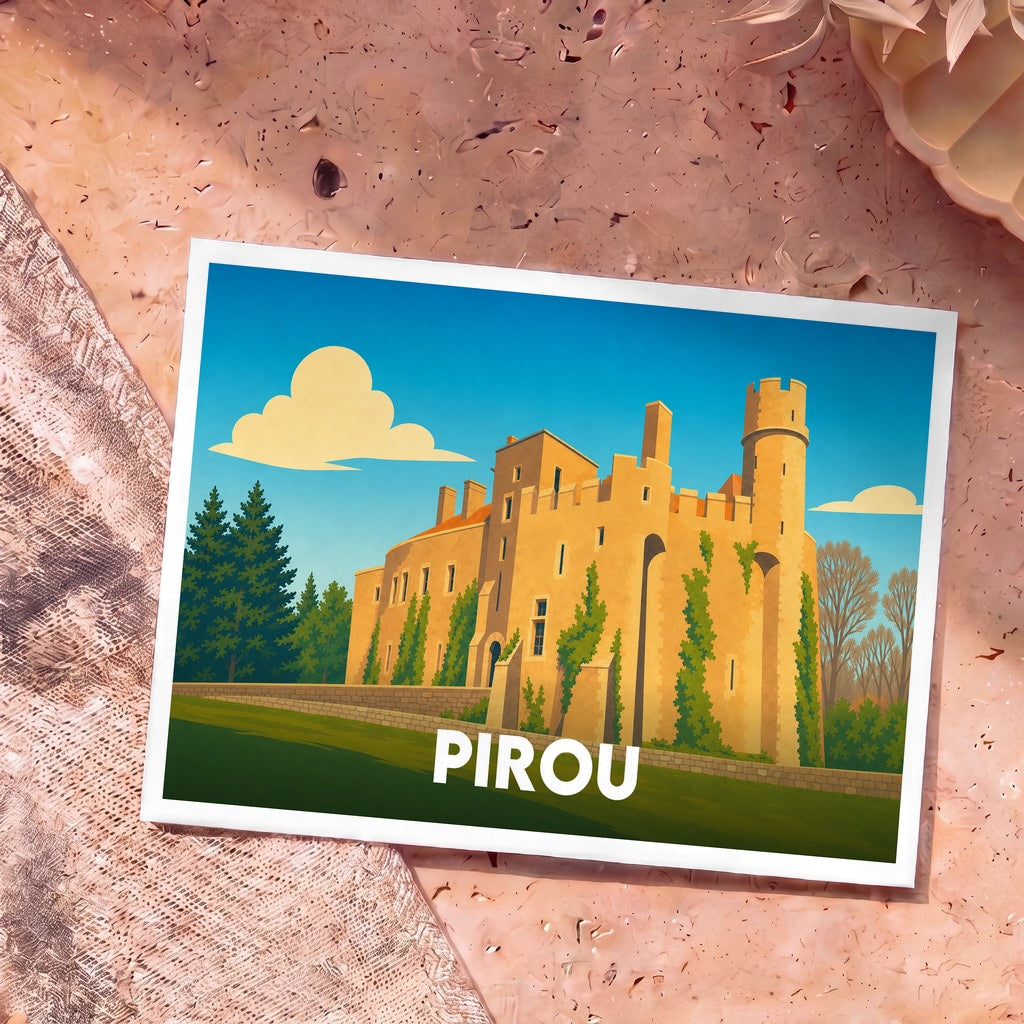 Carte postale souvenir de la ville de Pirou illustrant son château médiéval dans un style graphique épuré.