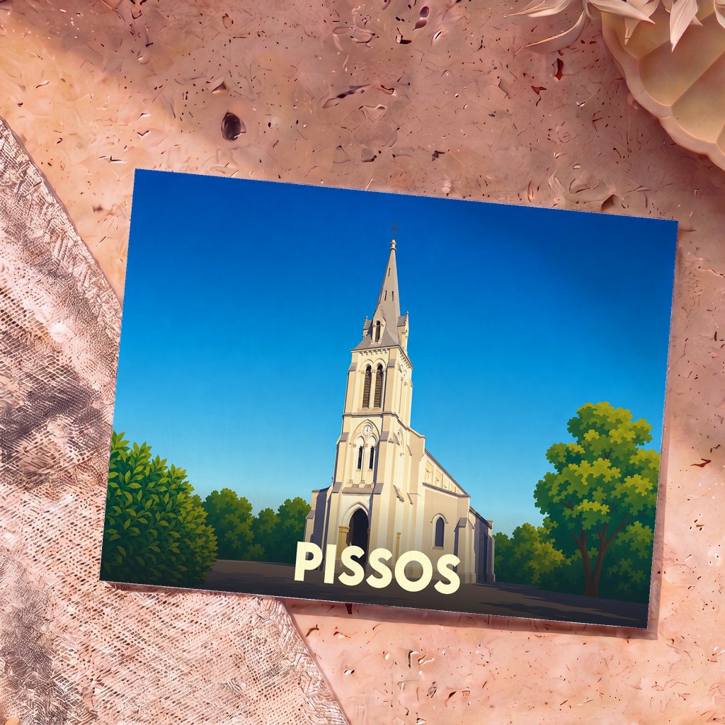 Carte postale souvenir de la ville de Pissos avec une illustration stylisée de son église.