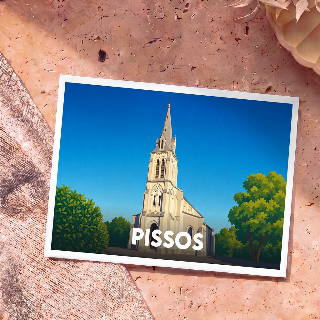 Carte postale souvenir de la ville de Pissos avec une illustration stylisée de son église.