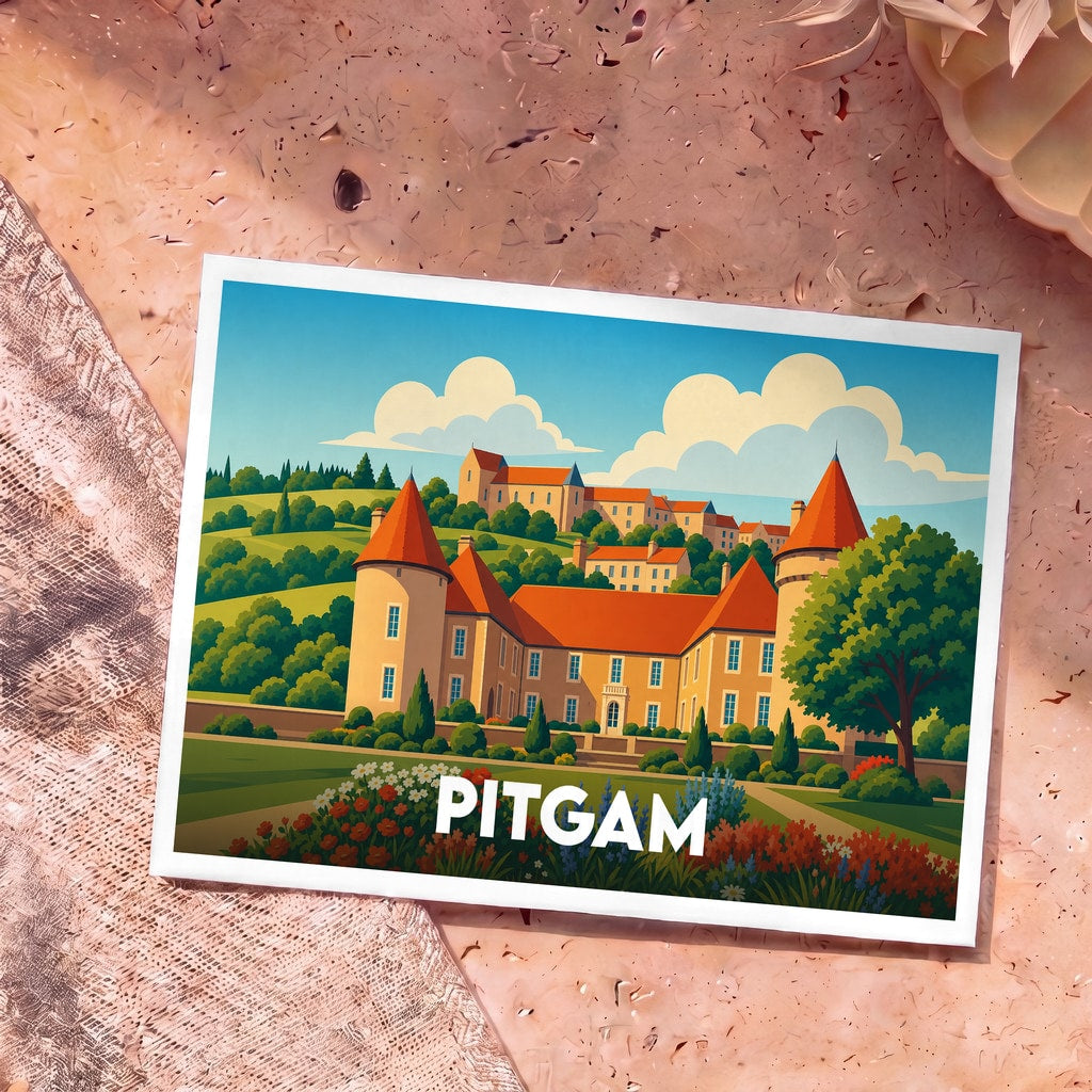 Carte postale souvenir de la ville de Pitgam avec une illustration stylisée d'un château entouré de jardins fleuris.