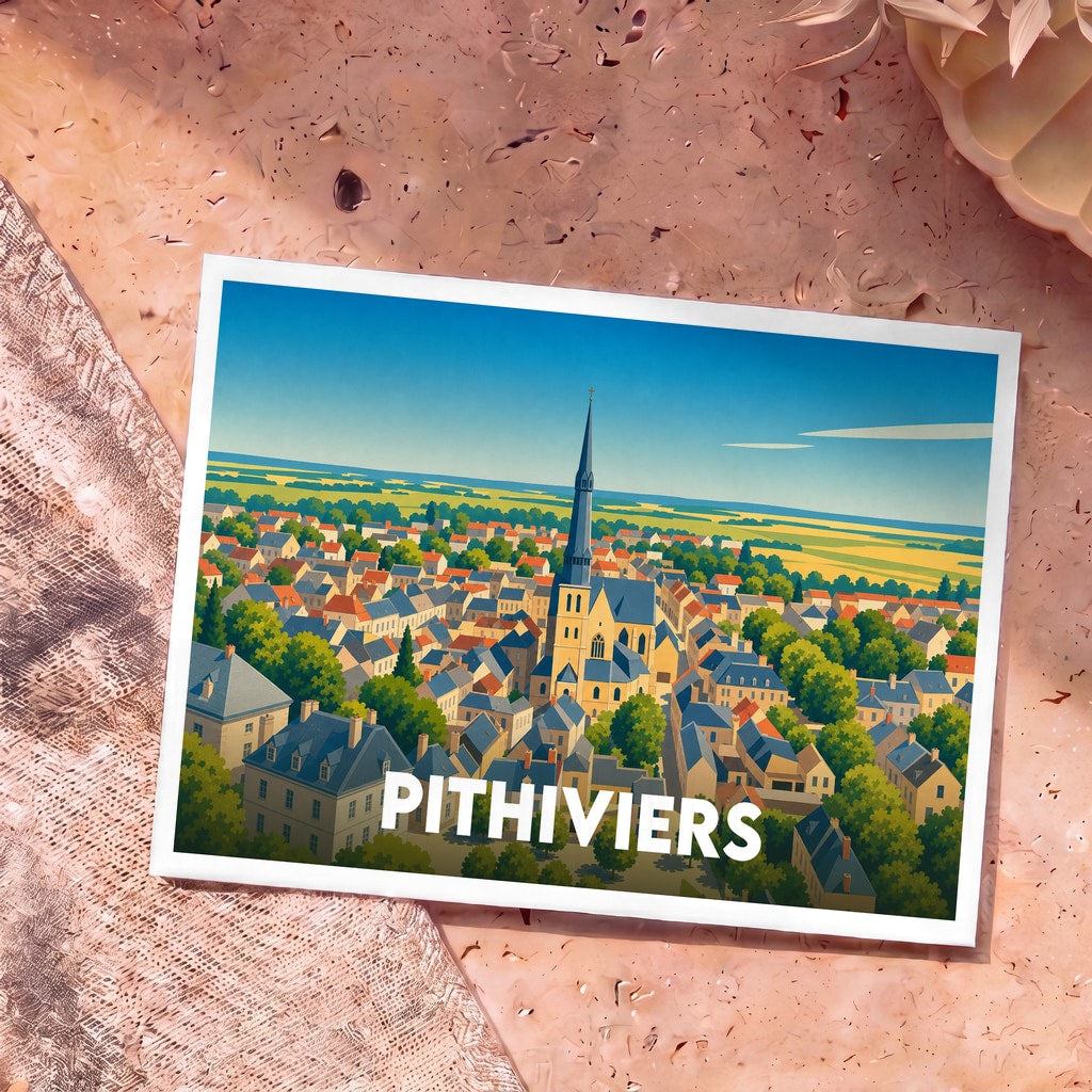 Carte postale souvenir de la ville de Pithiviers avec une illustration stylisée d'une vue aérienne.