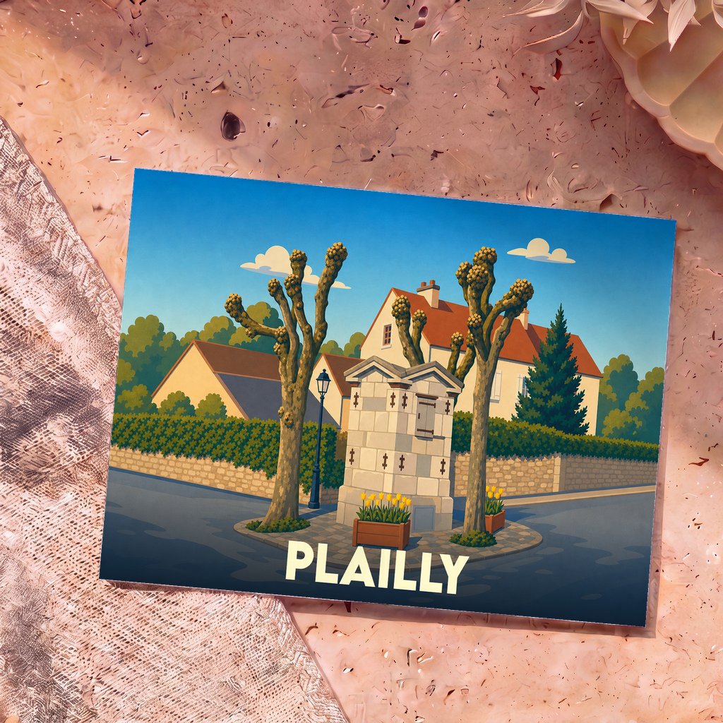 Carte postale souvenir de la ville de Plailly avec une illustration stylisée de son patrimoine.