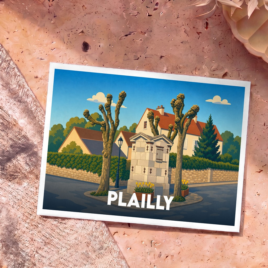 Carte postale souvenir de la ville de Plailly avec une illustration stylisée de son patrimoine.