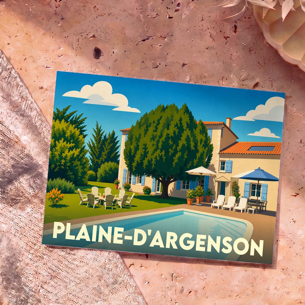 Carte postale souvenir de la ville de Plaine-d'Argenson avec une illustration stylisée d'une maison provençale et sa piscine.